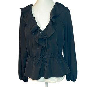 Old Navy Ruffled Dot Blouse Women's Medium Black Long Sleeve Embroidered Dots